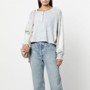 John Elliott Reconstructed Tie Dye Henley Crop Sweatshirt Light Blue White M NWT